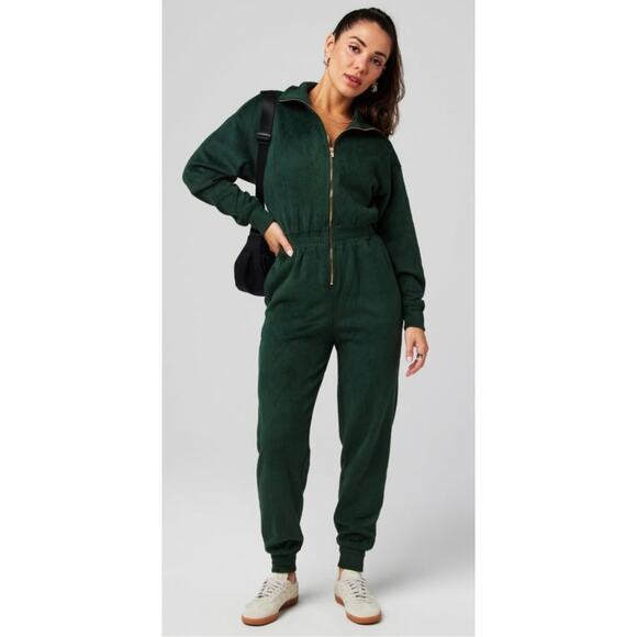 Fabletics Cozy Cord Zip Jumpsuit Plush Sz XS Green Pockets Loungewear Athleisure - Picture 14 of 14